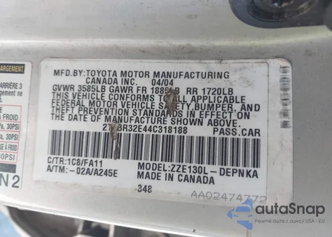 2004 Toyota Corolla Le from USA, damaged, VIN 2T1BR32E44C318188